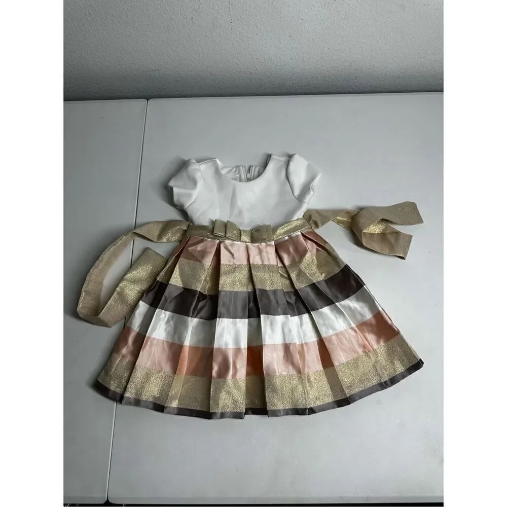 Bonnie Jean Baby Formal Dress Gold Pink Back Zip Bow Size 18 M